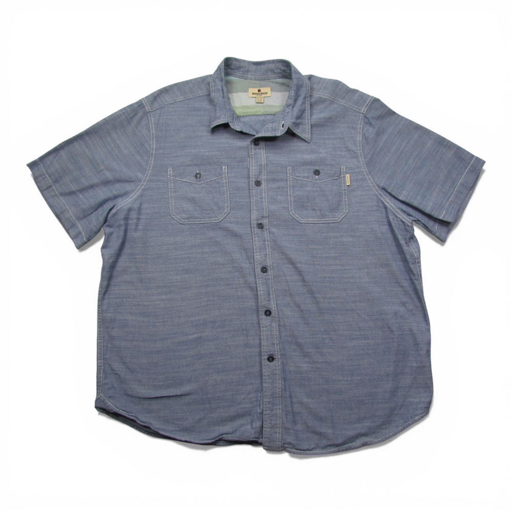 Woolrich Shirt Mens 2XL Blue Chambray Short Sleeve Button Up Pockets Casual